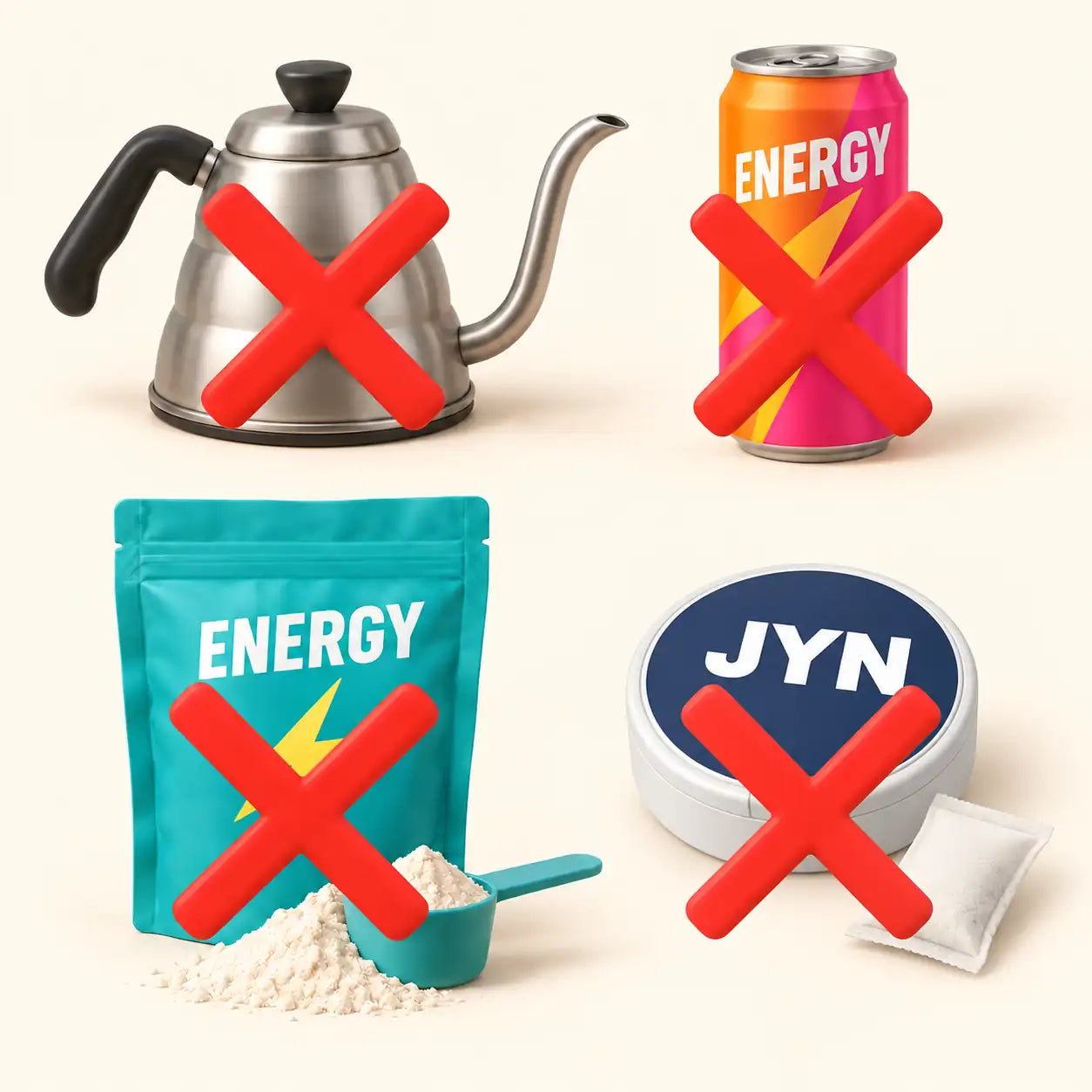 Four red Xs over a kettle, energy drink can, powder with scoop, and JYN can with an oral pouch