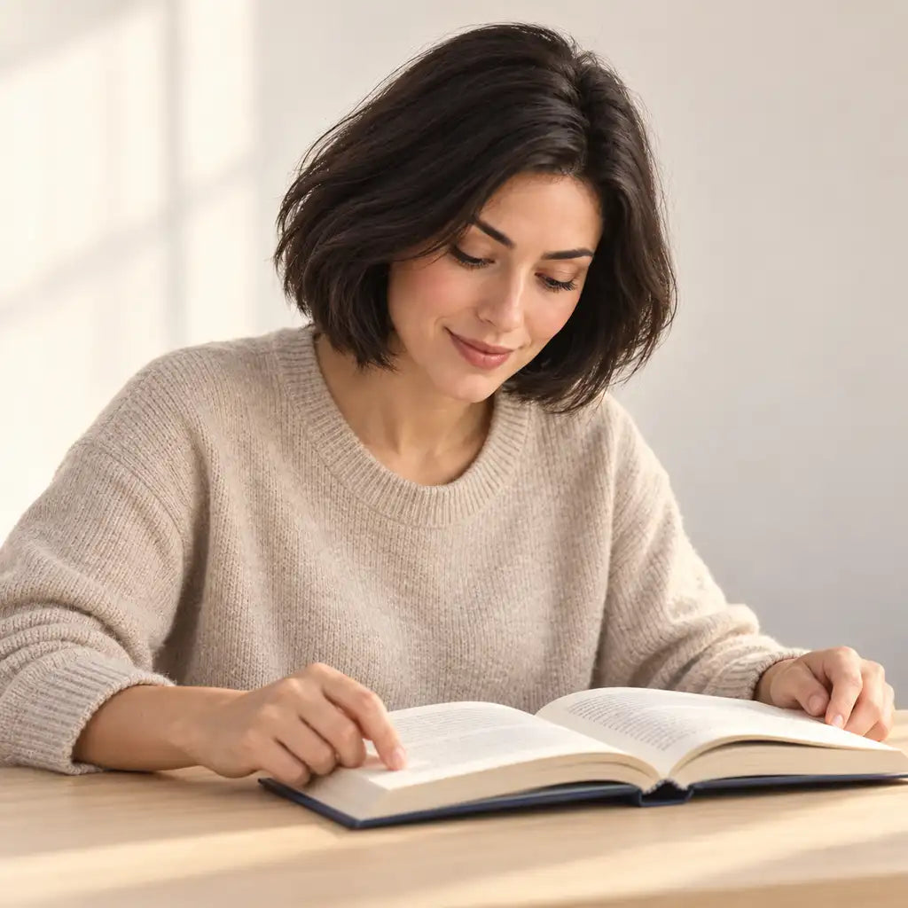A woman absorbed in reading a book at a simple desk against a plain warm background