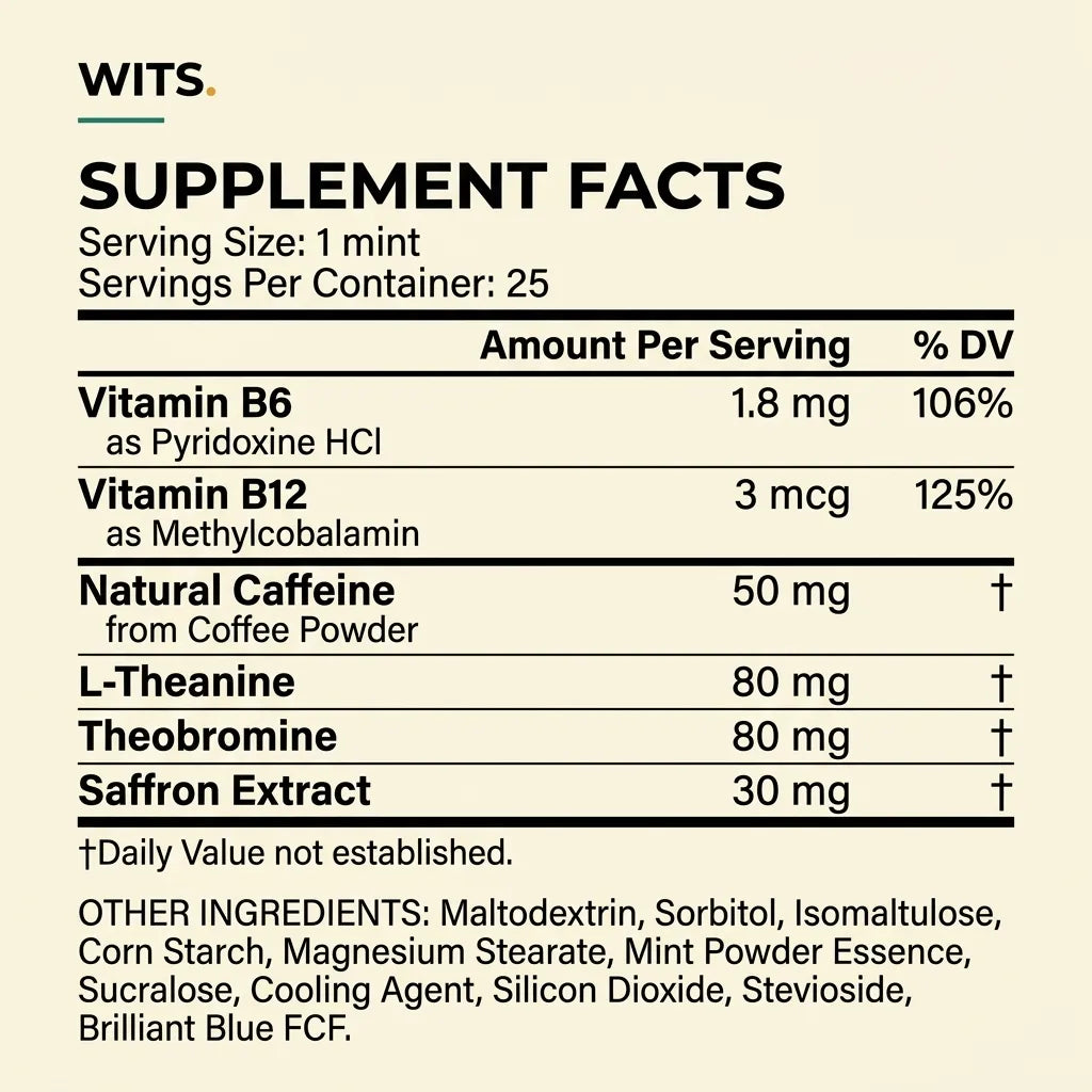 WITS Supplement Facts — serving size 1 mint, 25 servings per tin, full ingredients and amounts