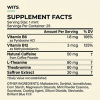 WITS Supplement Facts — serving size 1 mint, 25 servings per tin, full ingredients and amounts