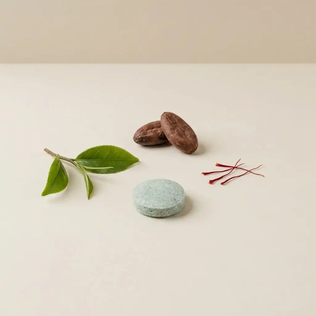 One WITS mint with tea leaves, cocoa beans and saffron threads on a neutral surface