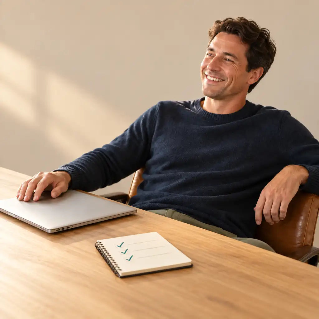 A smiling man relaxing beside a closed laptop and a completed checklist against a plain warm wall