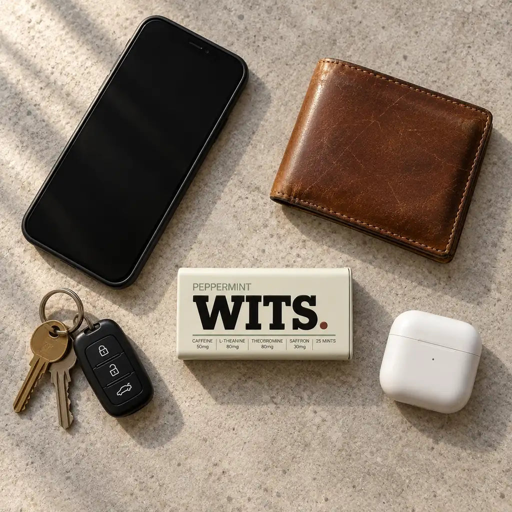 Top-down everyday carry scene with a WITS tin, phone, wallet, keys and earbuds